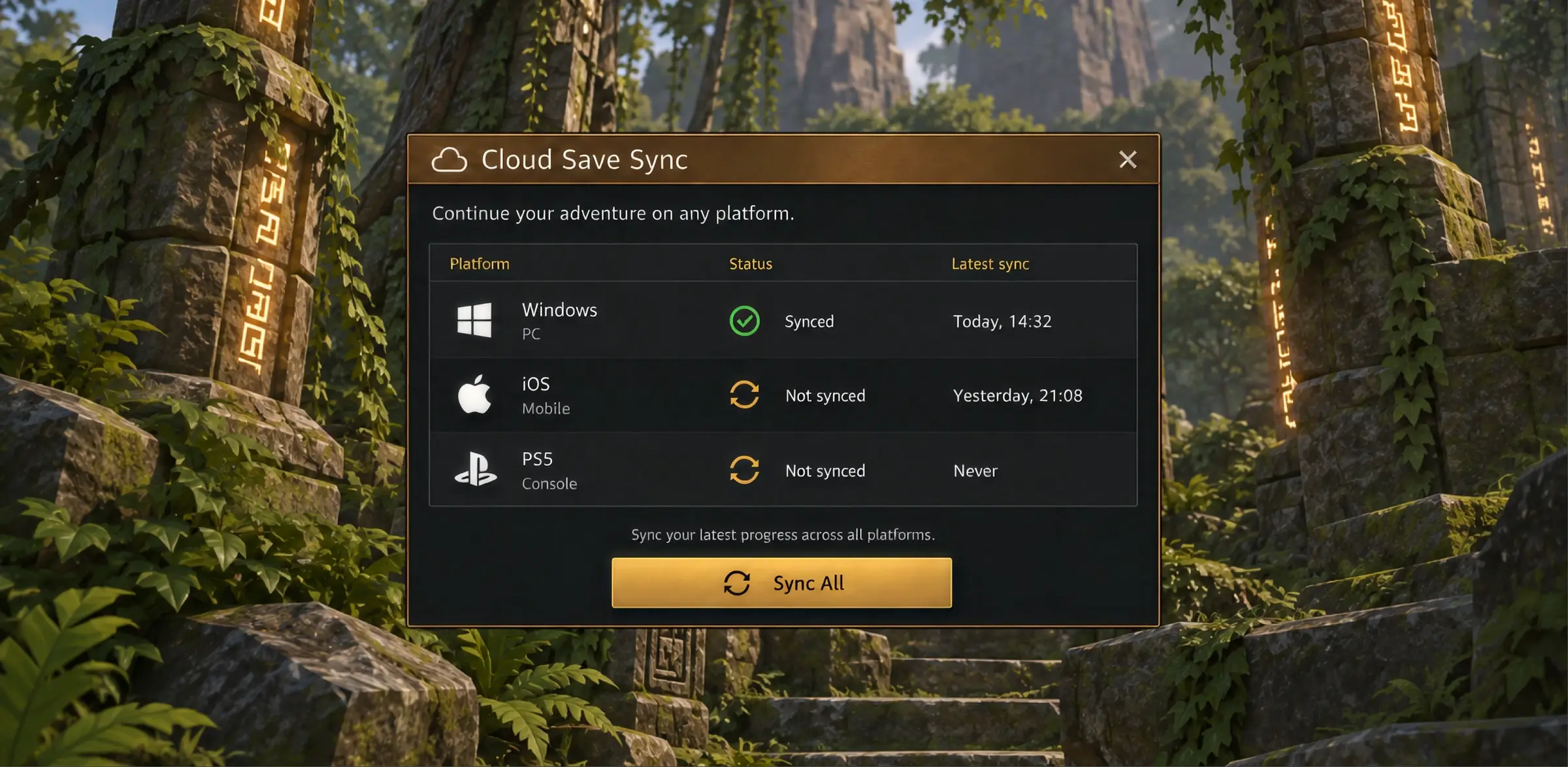 Cloud save screen showing sync status for Windows, iOS, and PS5
