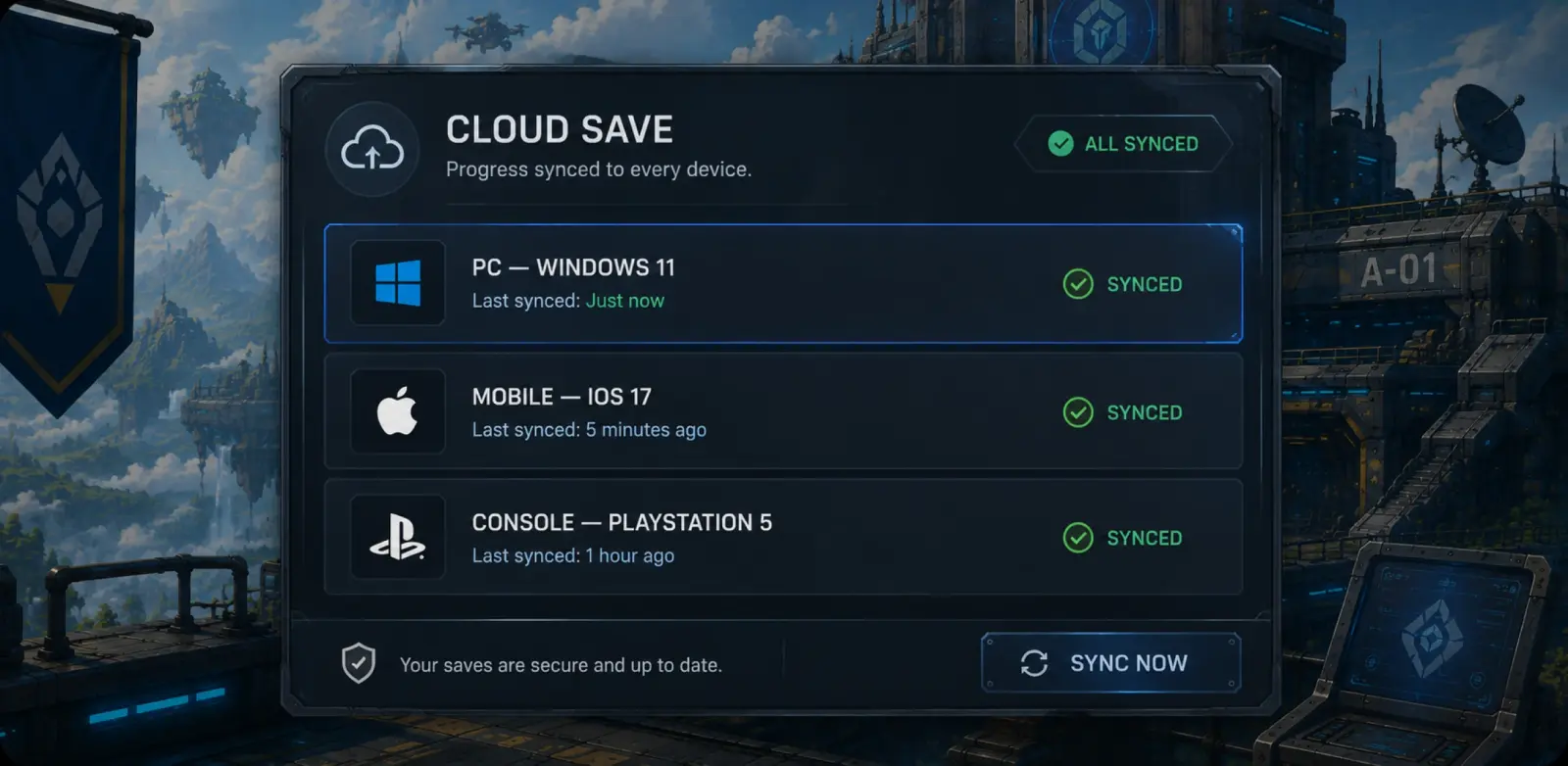 Cloud save screen showing synced progress across PC, mobile, and console