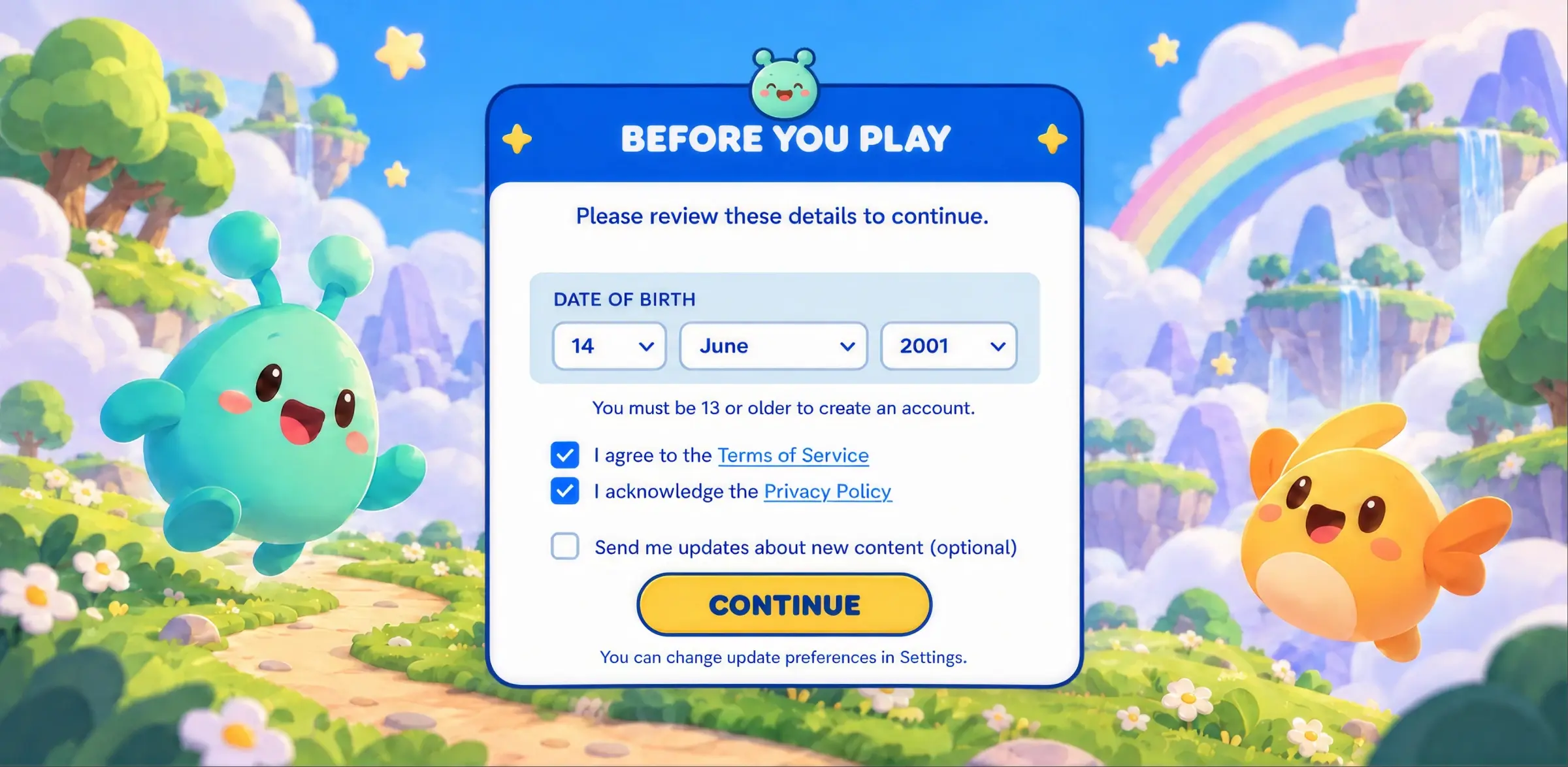 Pre-play consent screen with a date-of-birth age check and terms of service and privacy policy agreements