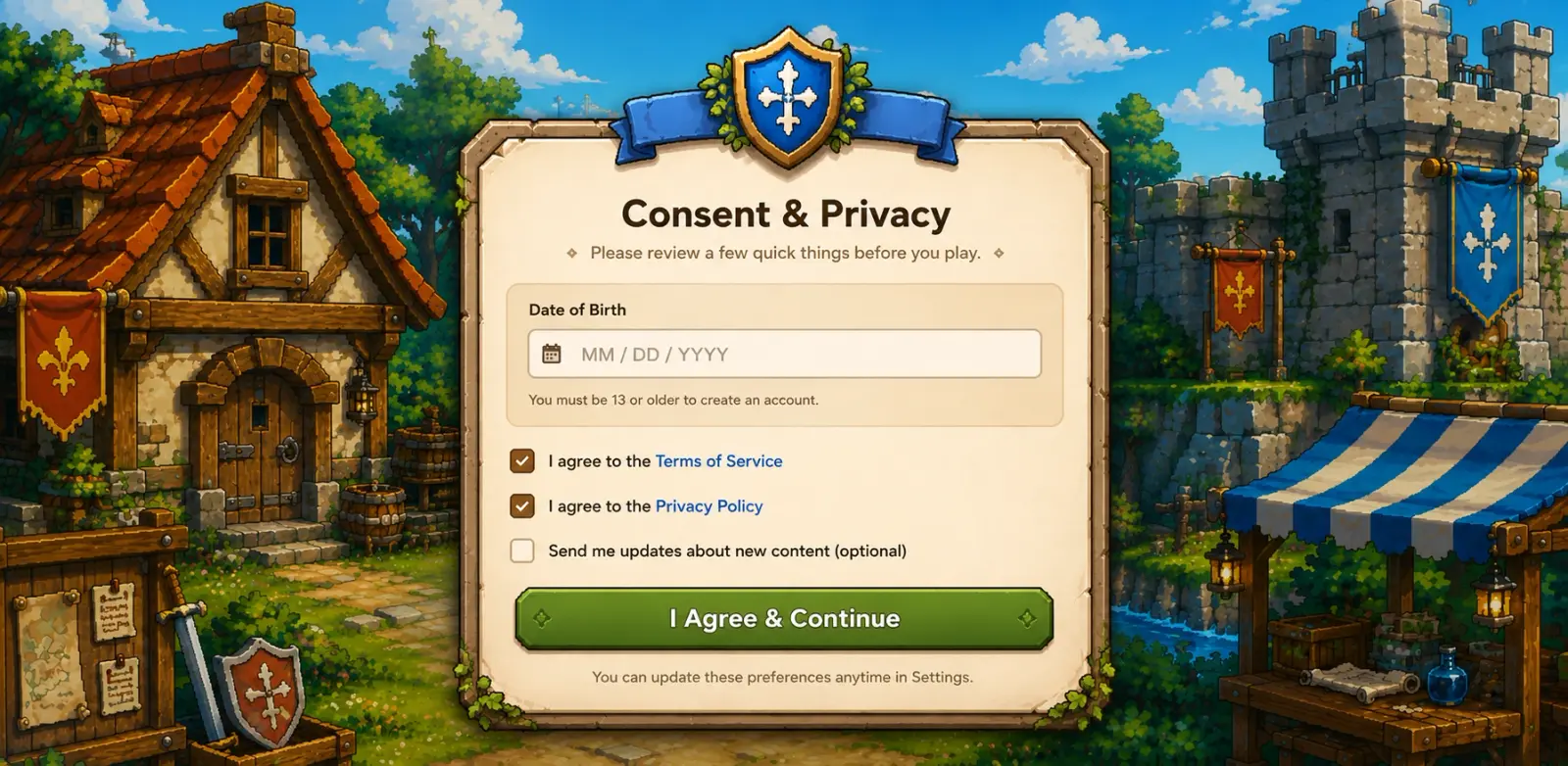 Terms of service and privacy policy consent screen