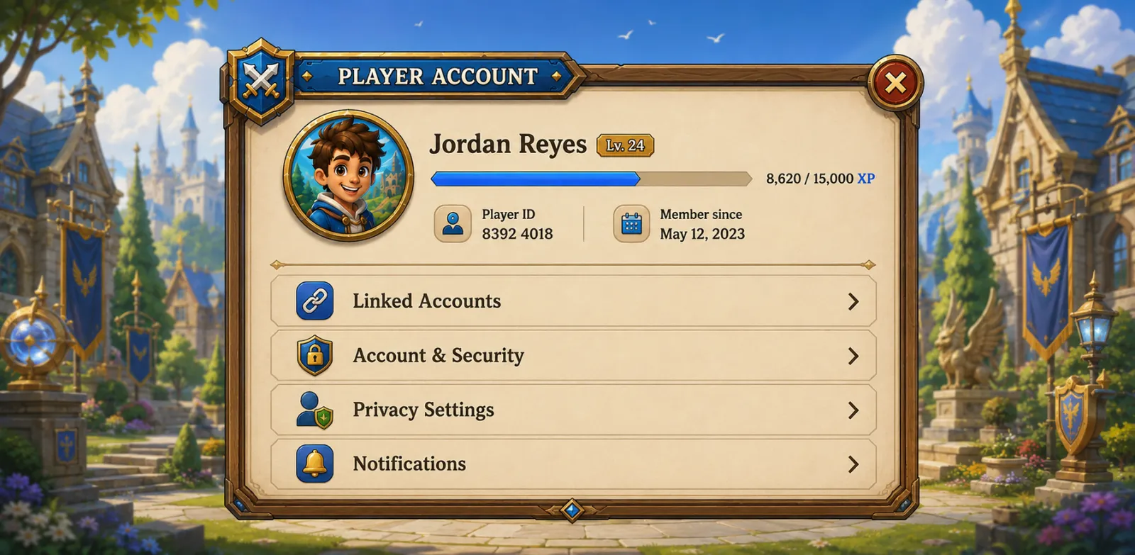 Player account screen with linked accounts, security, privacy, and notification settings