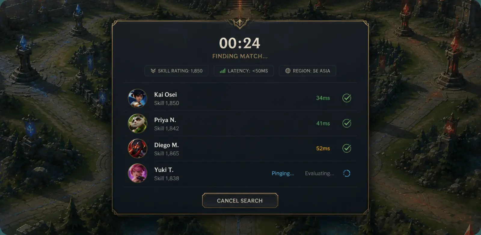 Matchmaking screen showing players found by skill rating, latency, and region