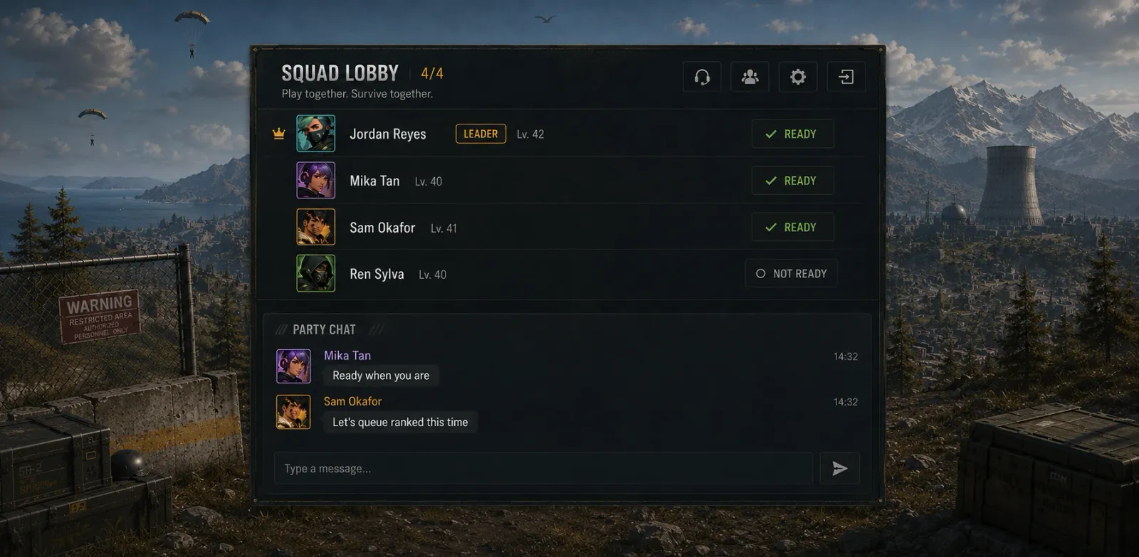 Squad lobby with party members, ready status, and party chat