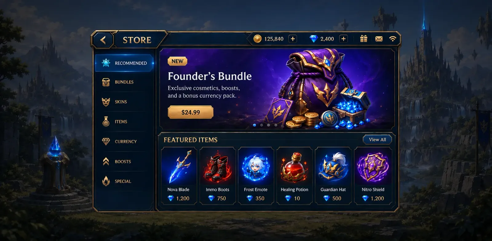 In-game store with a featured bundle and featured items