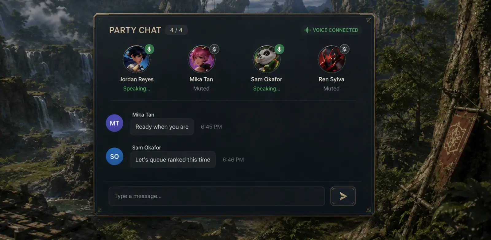Party chat screen showing four players with voice connection and messages