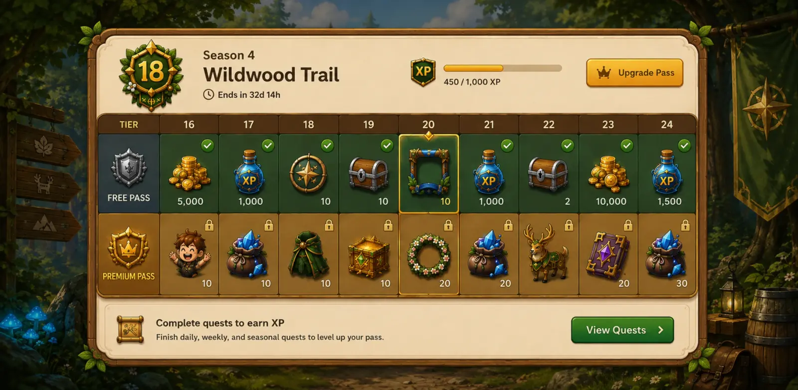 Season pass screen with tiered rewards and quest progress