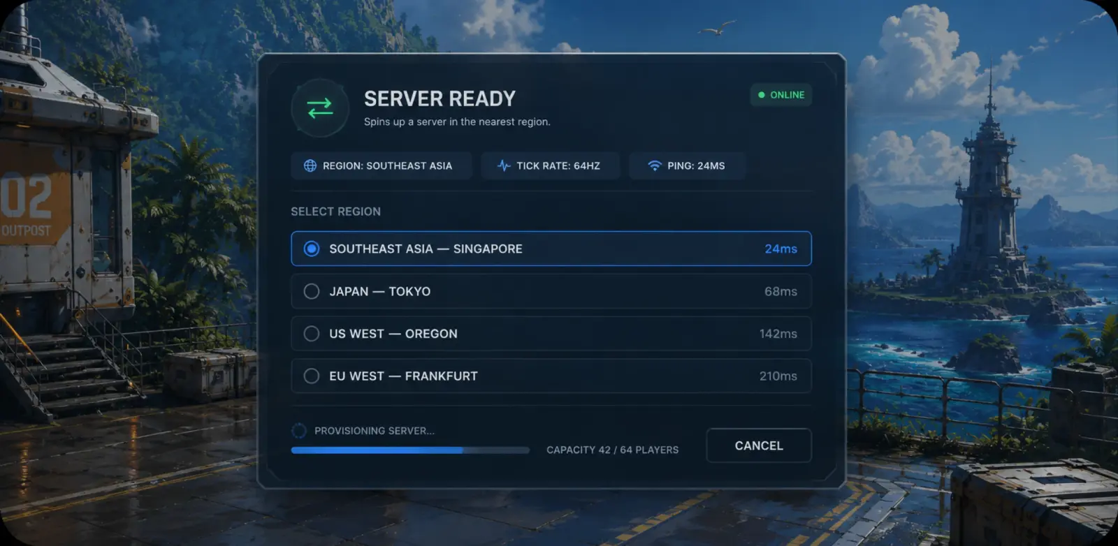 Dedicated server screen showing region selection, server status, and player capacity