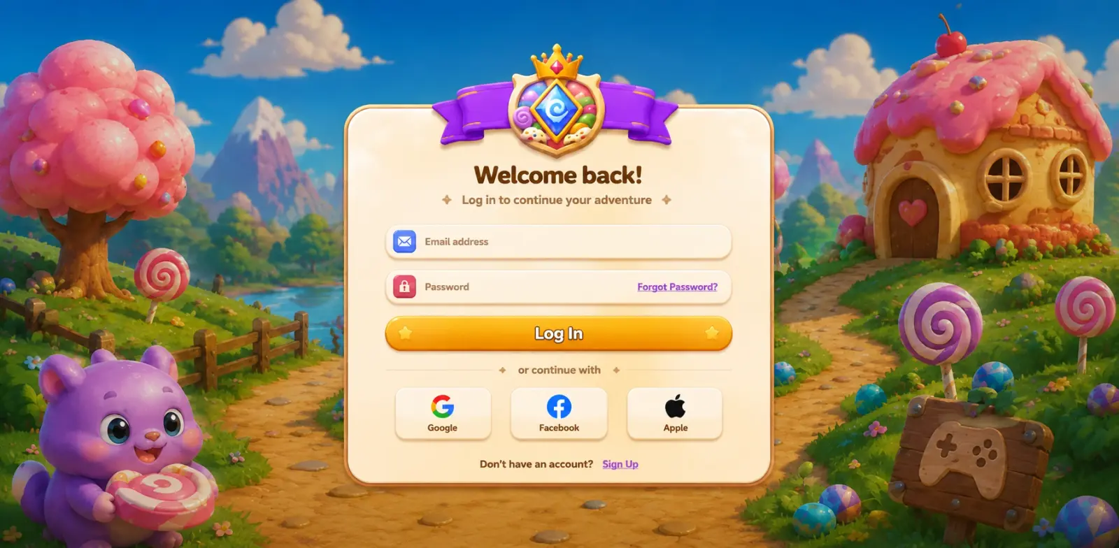 Player sign-in screen with email, password, and social login options