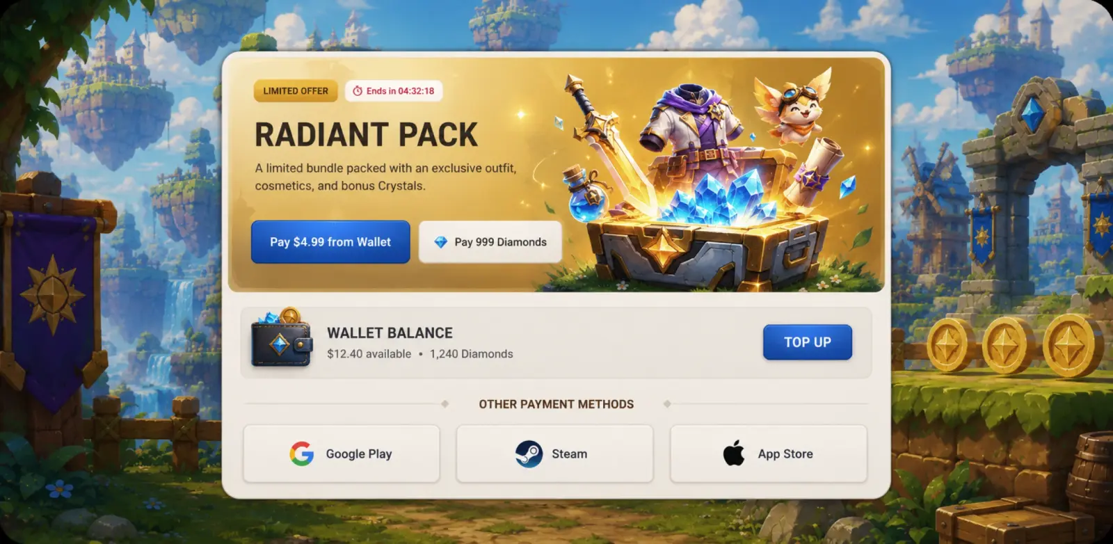 In-game store offer with wallet balance and payment methods
